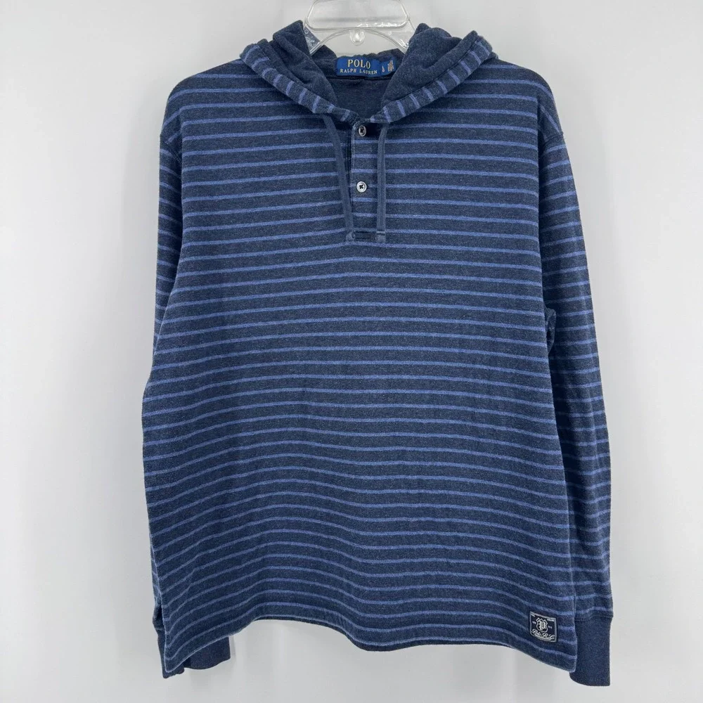 Polo Ralph Lauren Hoodie Mens Large Blue Striped Henley Pullover 710741697003